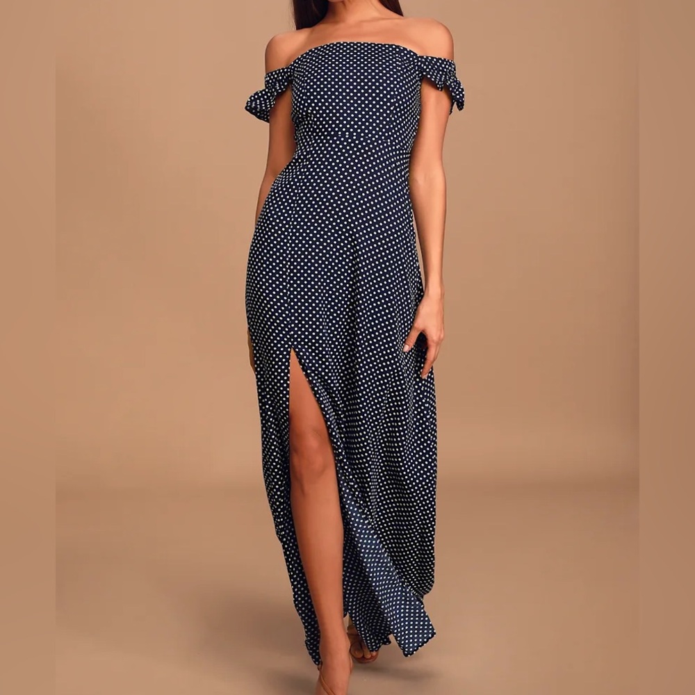 Lulus Dream Love Navy Blue Strapless Polka Dot Dress